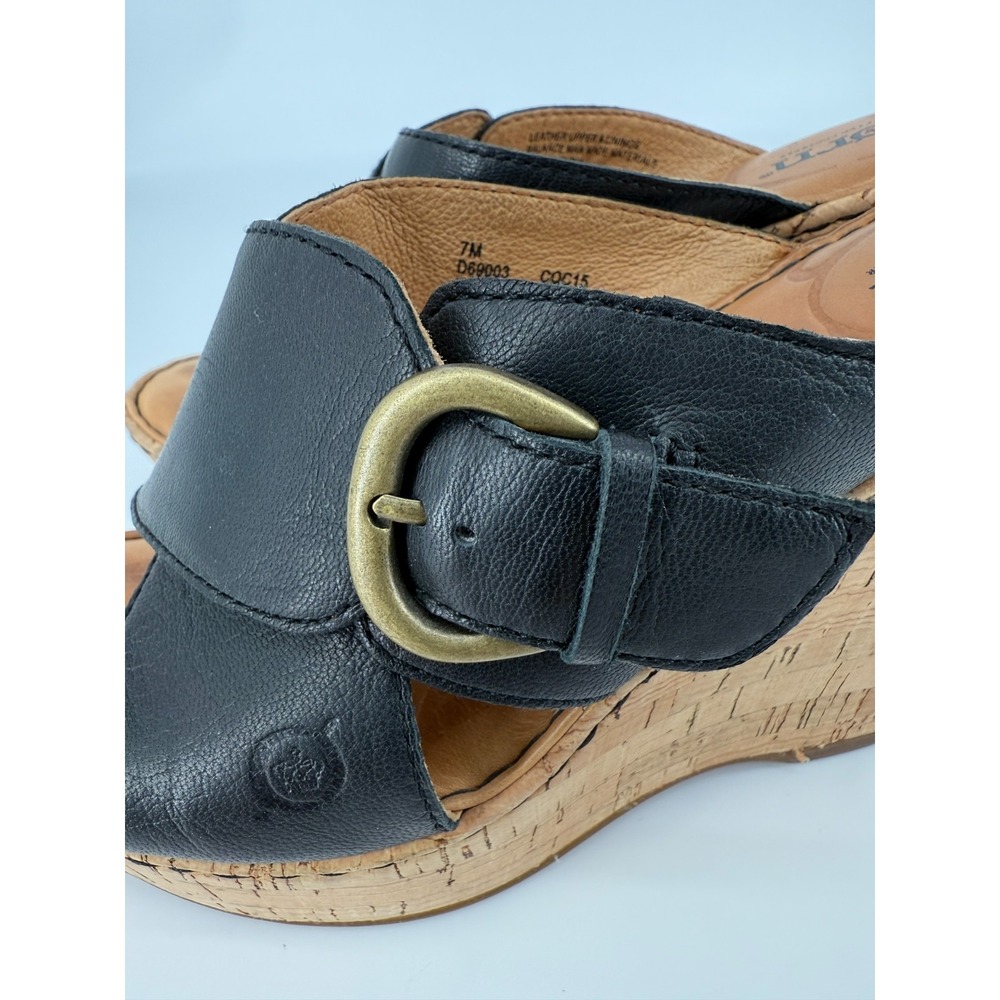 Børn Cork Wedge Leather Slip On Sandals Womens Size 7M Black Gold Buckle Accent - Picture 9 of 14